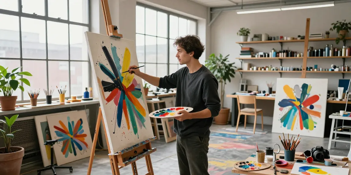 Artist creating vibrant abstract artwork in a creative studio featuring Palmebi elements.