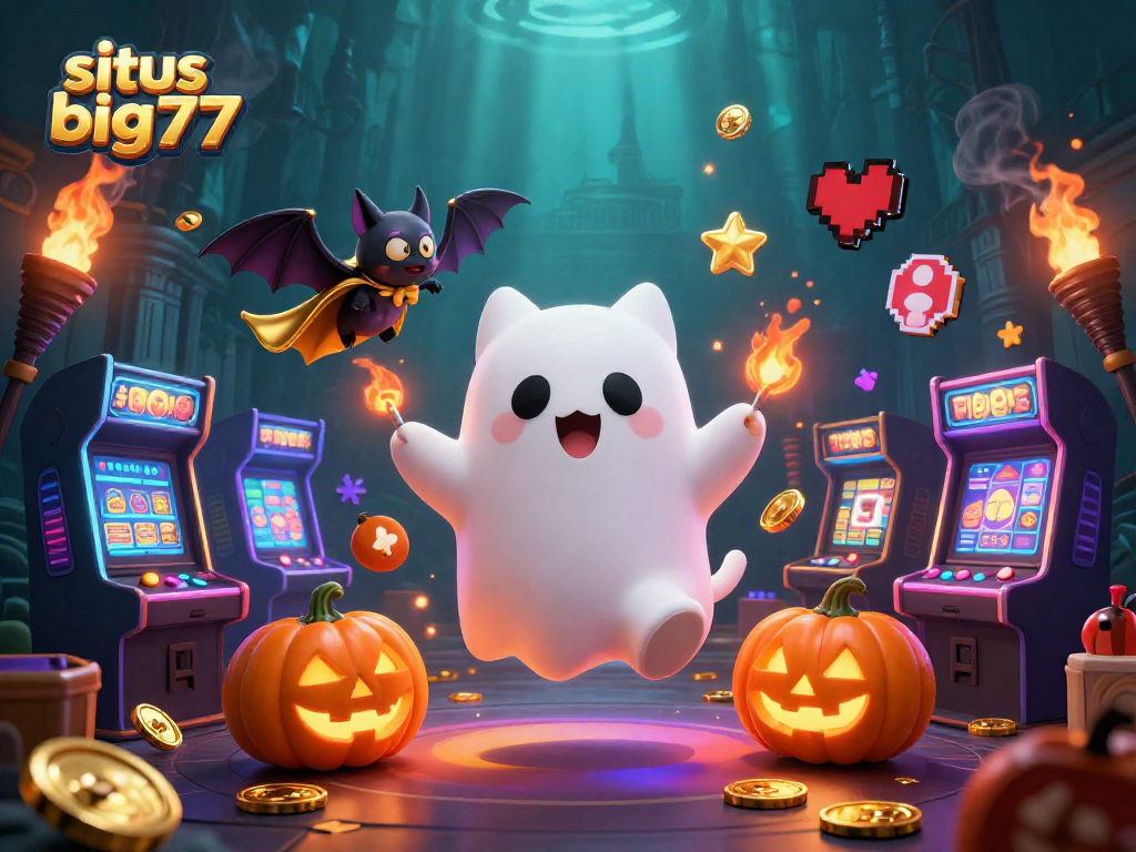 Experience situs big777 with a friendly ghost cat and vibrant gaming elements in a haunted casino scene.