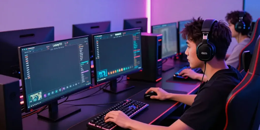 Gamer engaging with Luxury111 online platform, showcasing game stats and analytics.