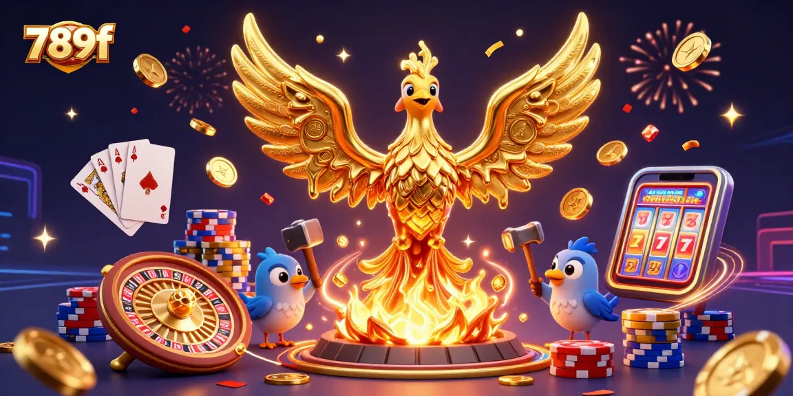 Experience thrilling gaming with 789f's golden phoenix amidst cascading rewards and vivid casino elements.