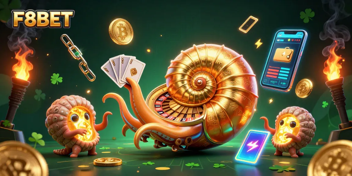 Win big with F8BET in a vibrant, dynamic casino scene featuring a golden nautilus roulette wheel.