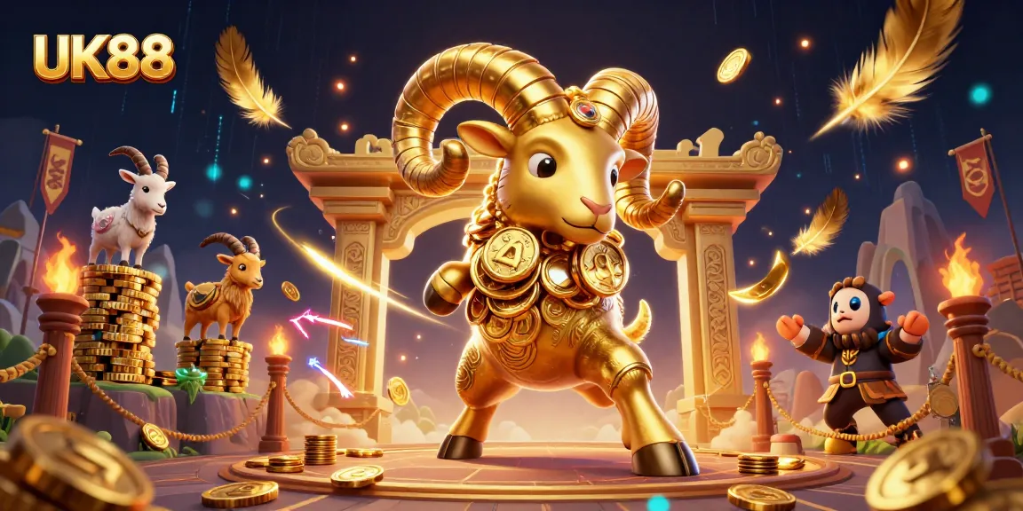 Experience the thrill of the UK88 casino with a dynamic golden ram charging through a vibrant scene.