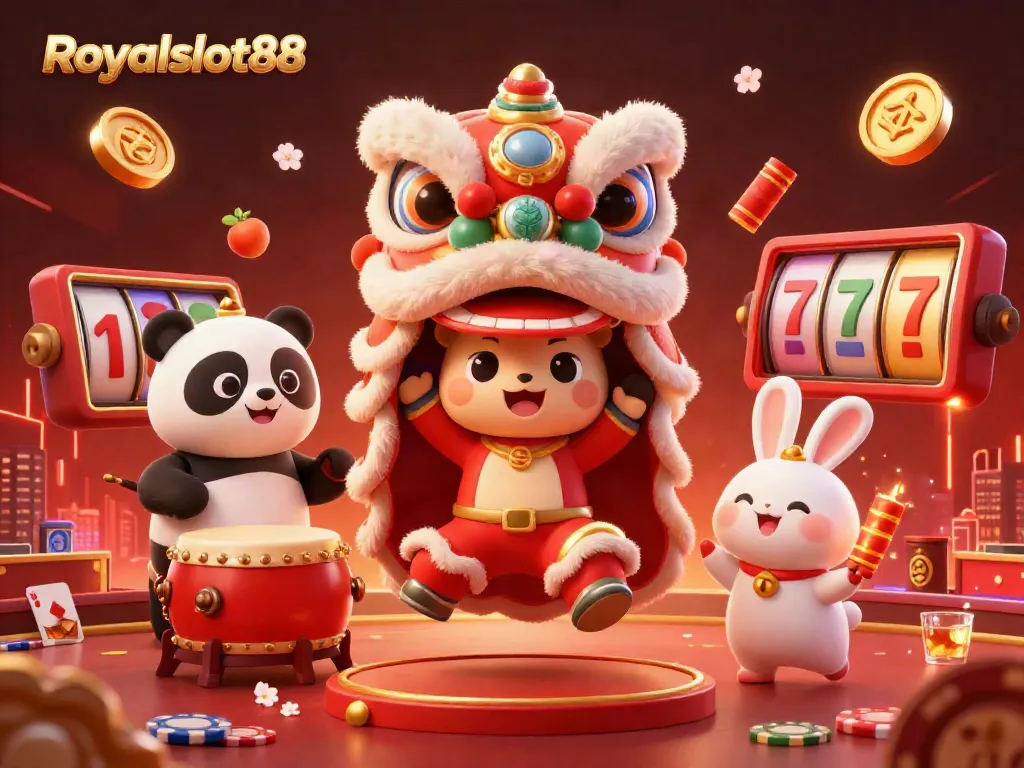 Rasakan serunya Royalslot88 dengan suasana perayaan, tarian singa, dan permainan slot yang mengasyikkan.
