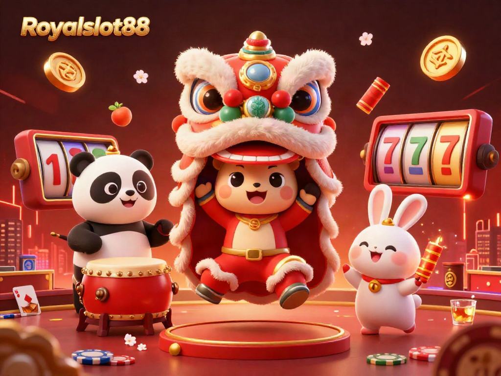Rasakan serunya Royalslot88 dengan suasana perayaan, tarian singa, dan permainan slot yang mengasyikkan.