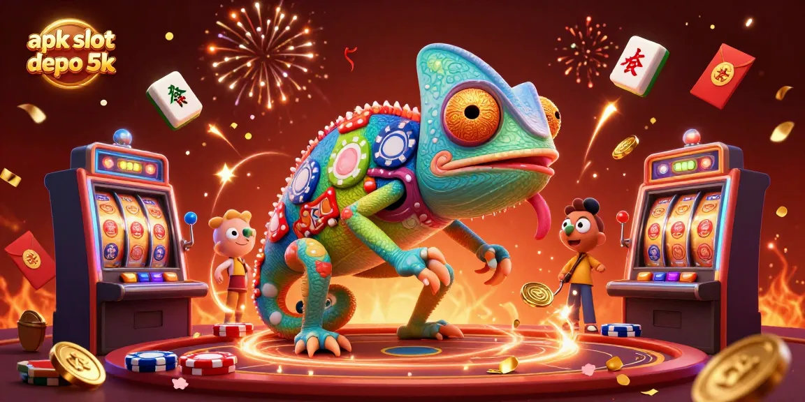 Engage with apk slot depo 5k gaming excitement alongside a colorful chameleon and vibrant slot elements.