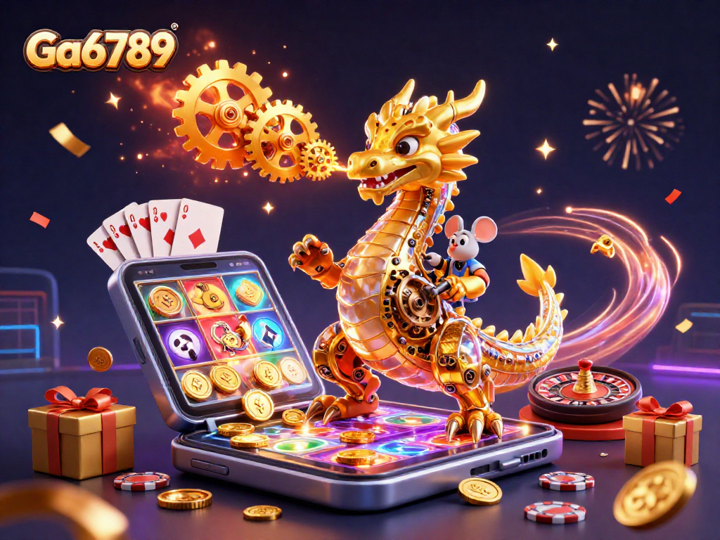 Experience Ga6789's excitement with a golden dragon and gaming elements in this dynamic casino illustration.