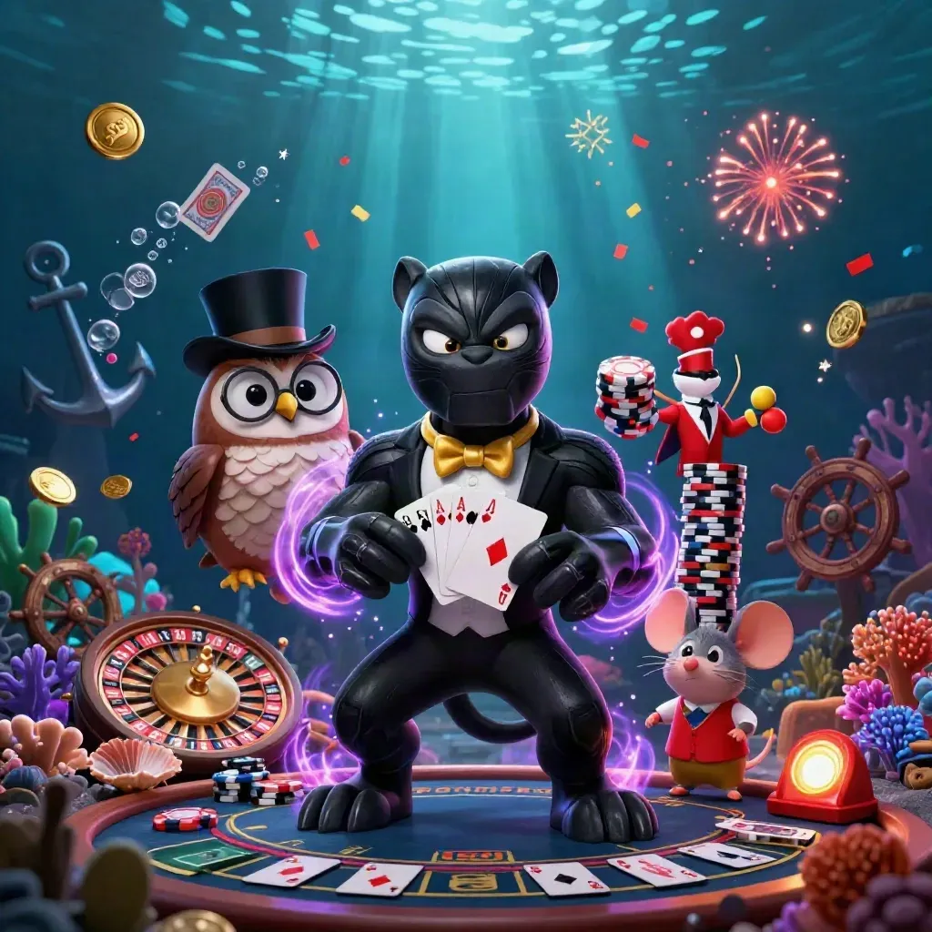 Panther, owl, and mouse in a neon underwater casino vault with treasure and glowing rays.
