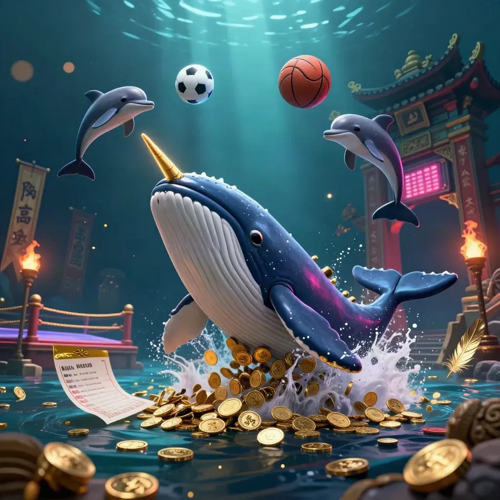 Whale captain, narwhal, dolphins, coins, balls, and casino sports elements underwater with neon glow