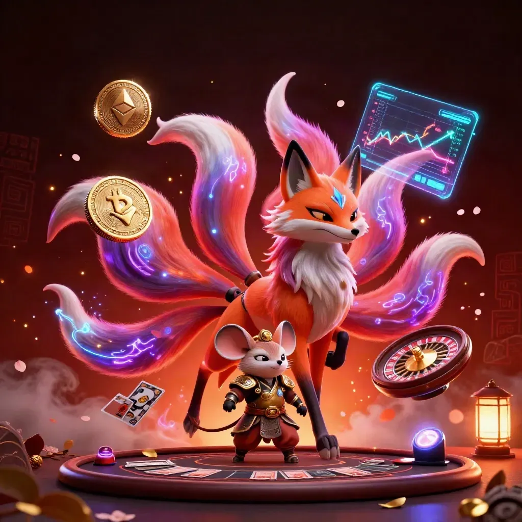 Nine-tailed fox spirit and gold-armored mouse amid red neon casino relics, embers, fog, and coins.