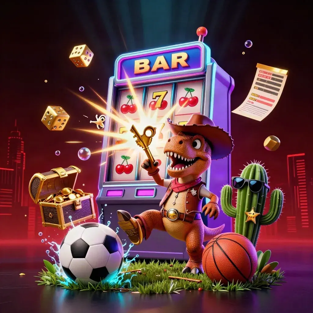 3D cowboy T-Rex, cactus, and roadrunner amid slot-machine jackpot chaos and sports balls
