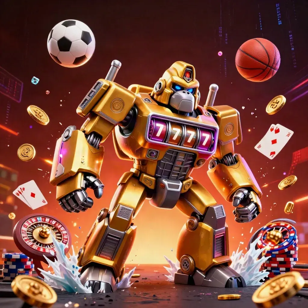 Golden gorilla mech with spinning reels, coins, sports balls, chips, and neon lightning in a dark luxe scene