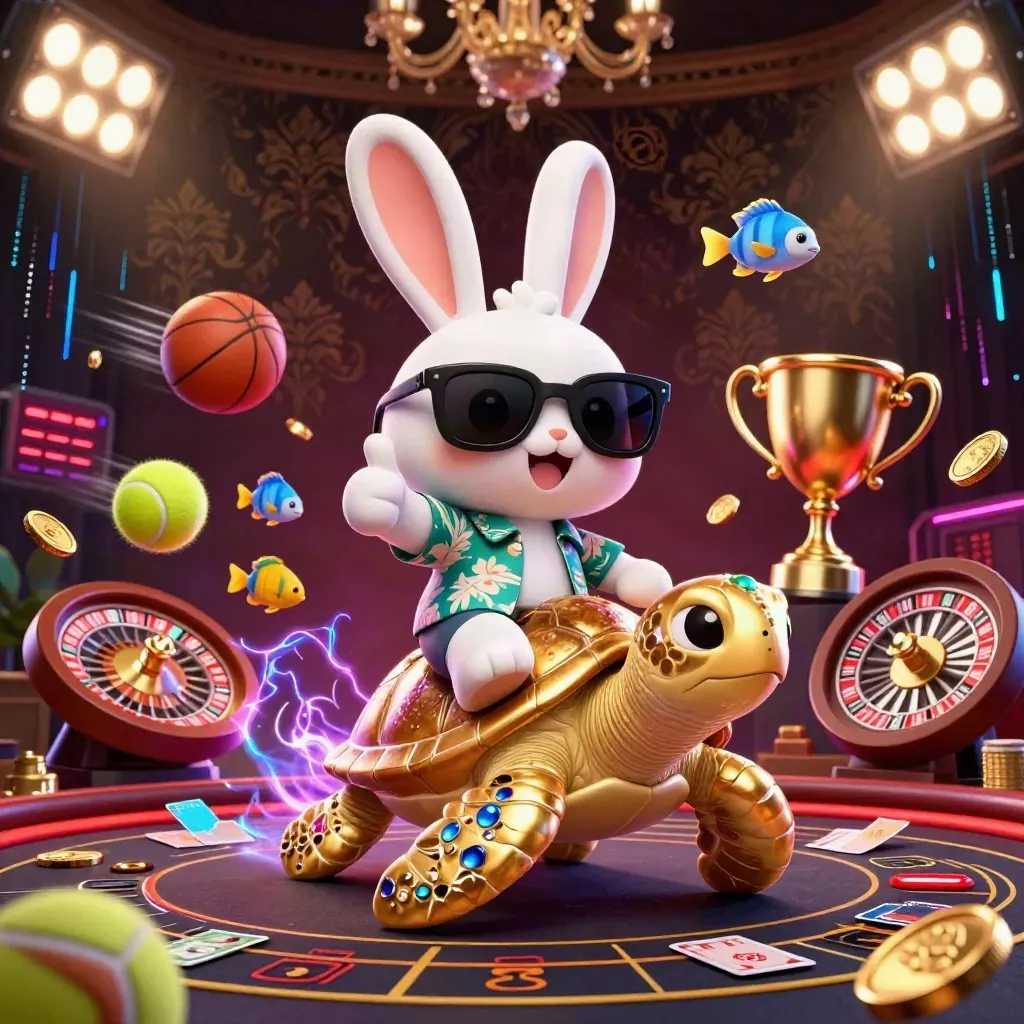 Lucky rabbit rides a jeweled turtle amid casino, sports, and neon luxury chaos
