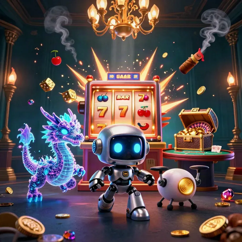 Cyberpunk robot, hologram dragon, drone, slot machine burst, roulette, cards, gold, smoke, neon casino