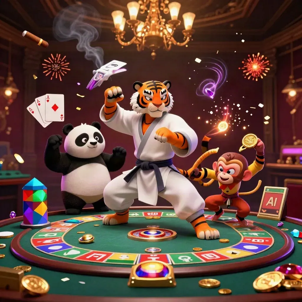 Kung-fu tiger, panda, and monkey in a neon casino with chips, cards, and glowing lights.