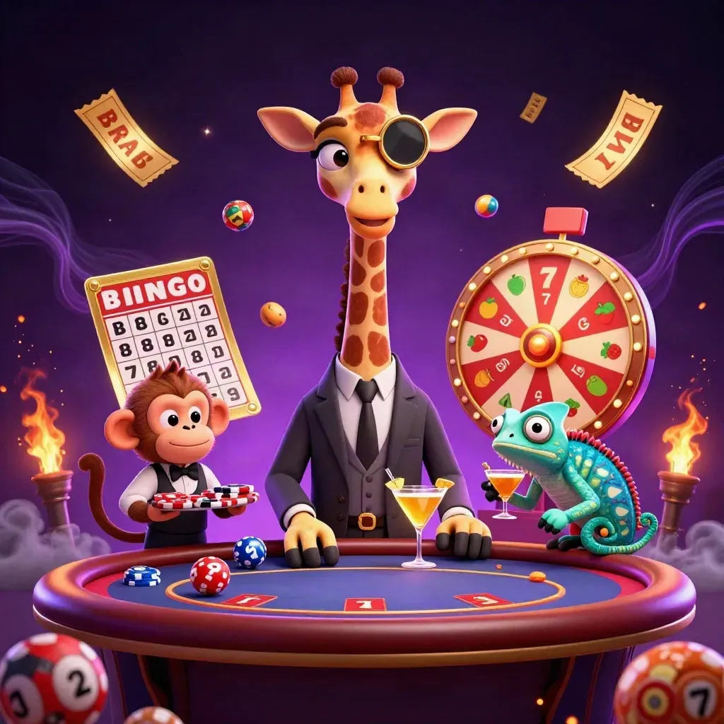 Giraffe, monkey and chameleon at a neon casino table amid flying chips, balls and sparks.