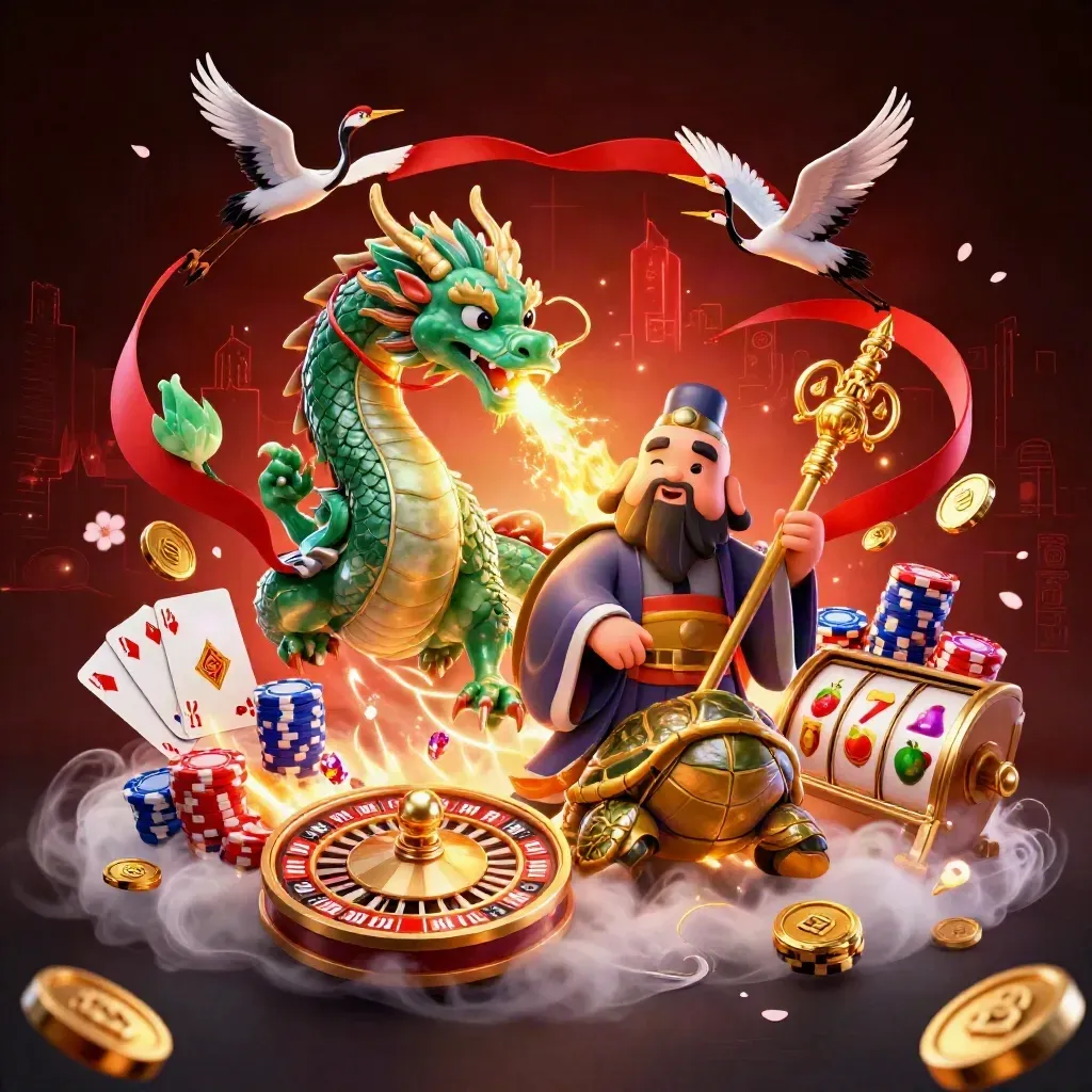 Dragon, turtle sage, and cranes amid casino treasure, neon fire, and glowing coins