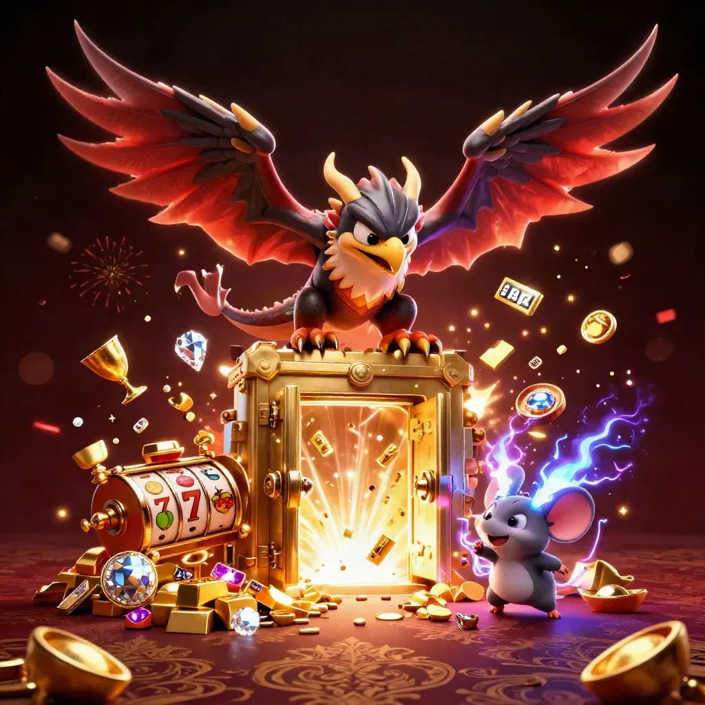 Thunder dragon, wind hawk, and crackling mouse burst from a golden vault in neon casino key art.