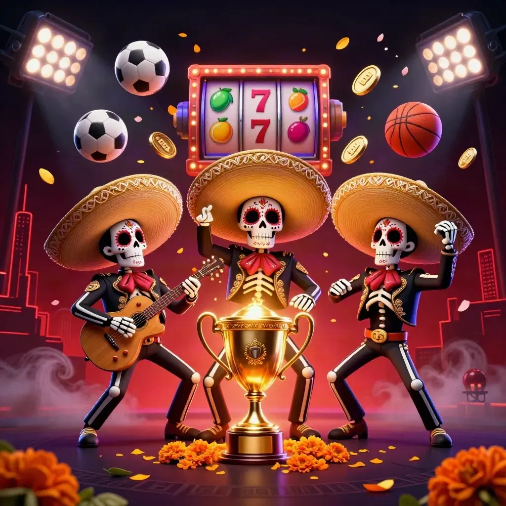 Skeleton mariachi trio with gold coins, sports balls, trophy, and neon violet casino glow.