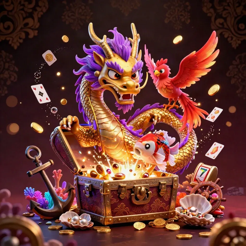 Golden dragon, phoenix, and koi over a treasure chest in a neon violet underwater casino cove.