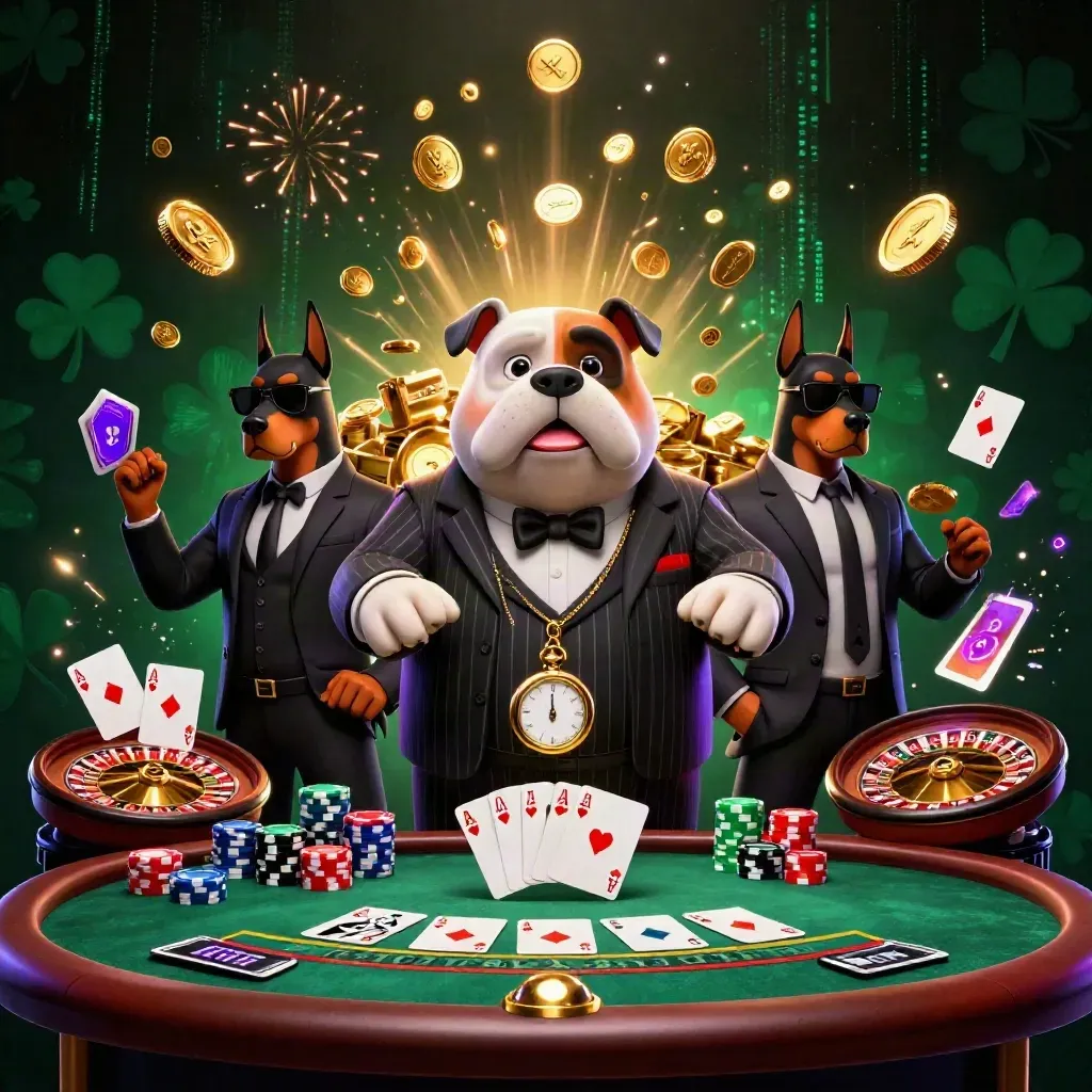 Bulldog mob boss and Doberman guards amid exploding coins, cards, chips, and neon casino effects