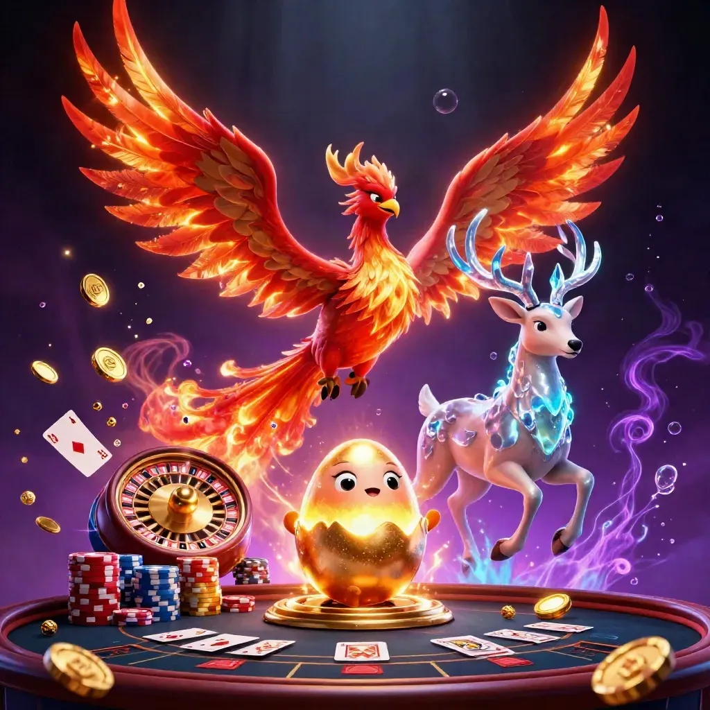 Phoenix, stag and baby phoenix amid coins, cards, chips and a spinning roulette wheel.