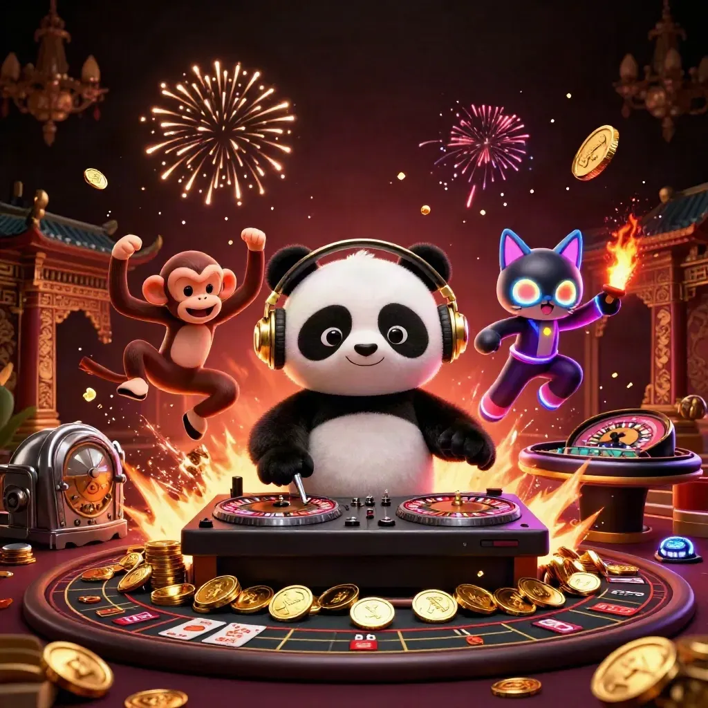 DJ panda, breakdancing monkey, and glow-stick kitten in a neon casino treasure burst