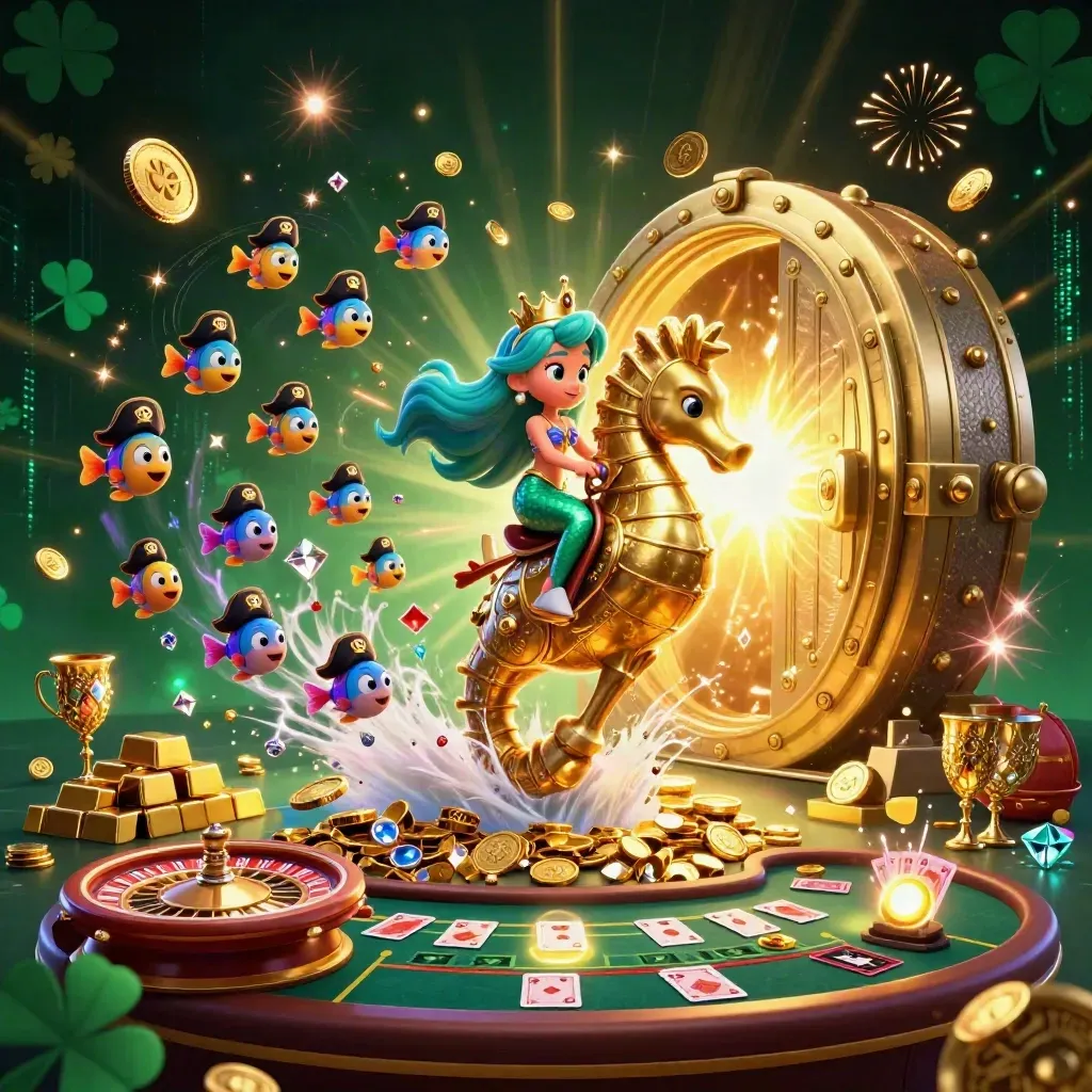 Mermaid princess on golden seahorse bursts from a vault amid coins, gems, cards and neon casino effects
