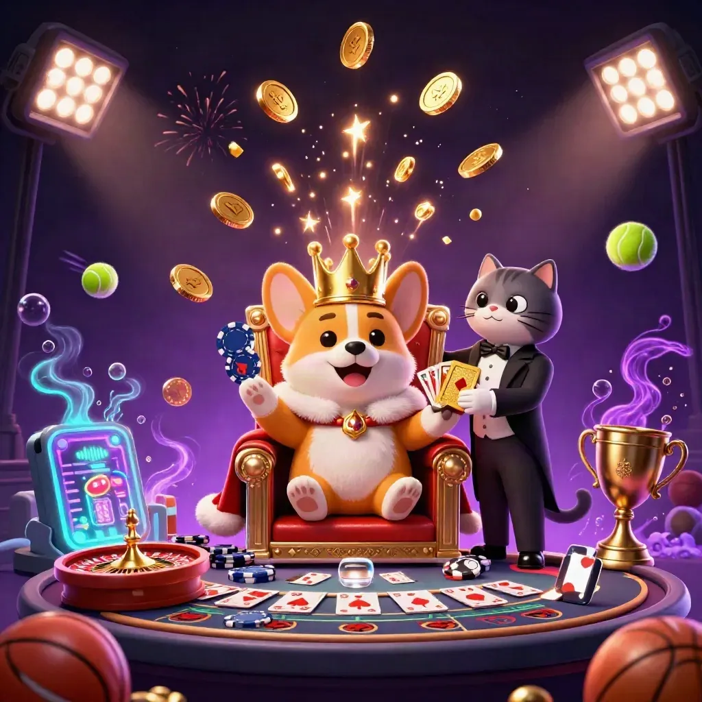 Royal corgi and cat butler amid coins, vault burst, fireworks, sports balls, and neon casino props.