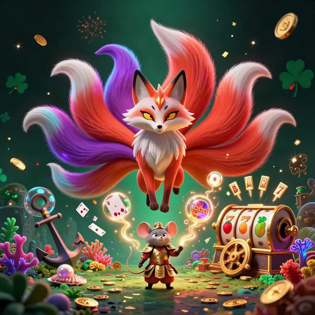 Neon nine-tailed fox spirit with armored samurai mouse, casino treasure cove chaos
