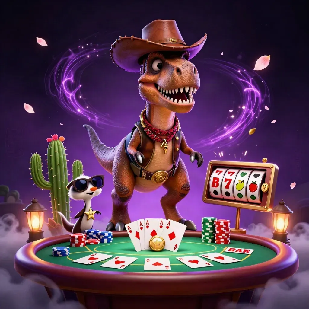 Cowboy T-Rex, cactus sidekick, and sheriff roadrunner amid neon casino cards and chips.
