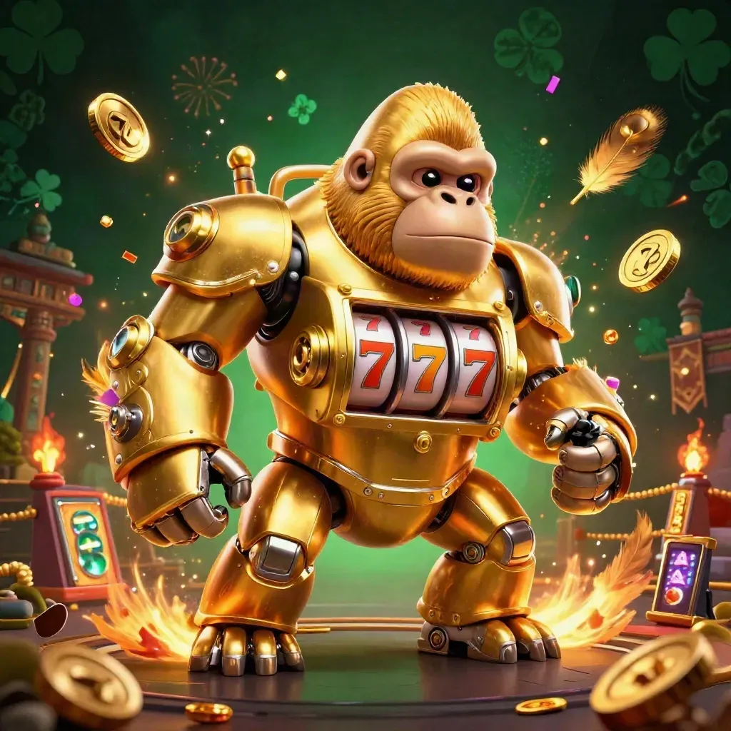 Golden gorilla slot-mech with tiny monkey pilot, reels, coins, temple gate, fireworks.