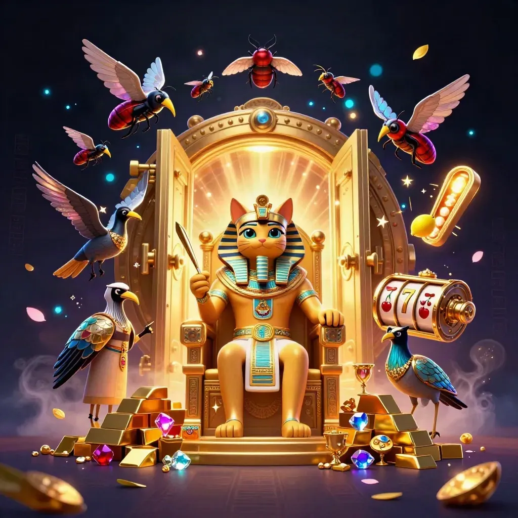 Pharaoh cat on golden throne with ibis scribe, scarabs, vault door, gold, and neon casino effects.