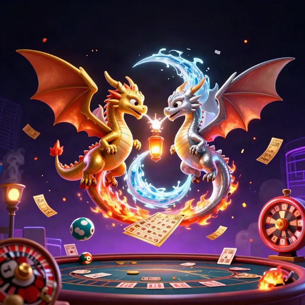 Twin gold and silver dragons spiral around casino prizes in a dark neon luxury scene.