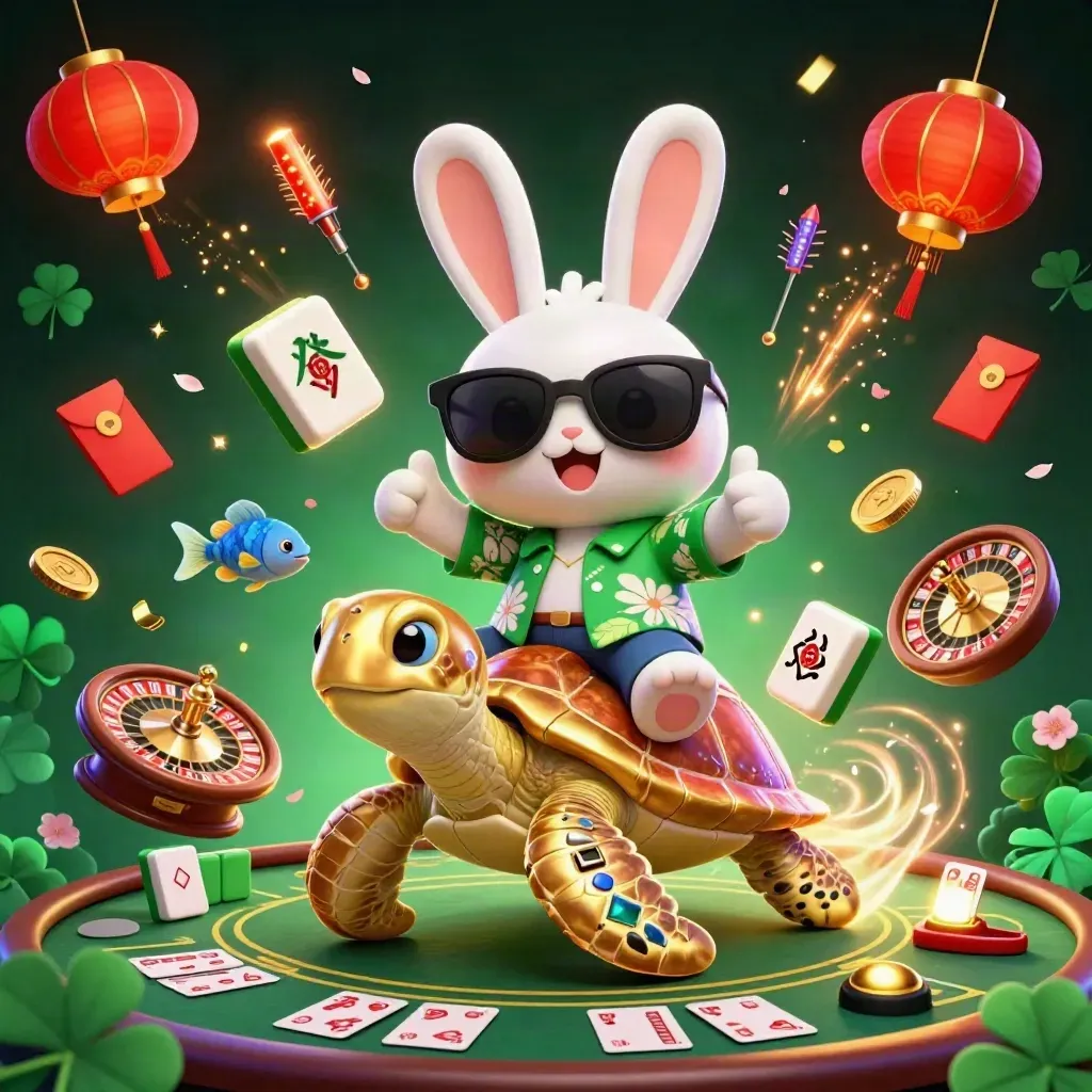 Lucky rabbit rides a golden sea turtle amid casino charms, lanterns, coins, fireworks, and neon sparkles.