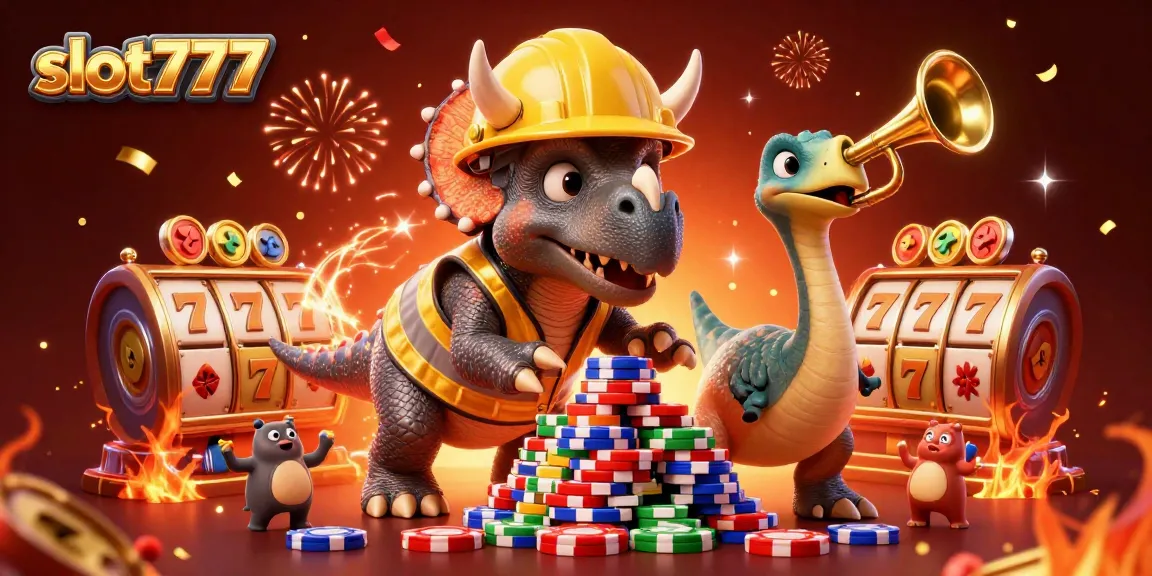 Experience thrilling slot777 action with a cheerful 3D dinosaur building a stack of poker chips.