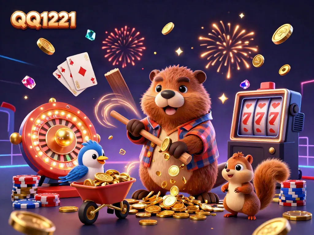 Engage with QQ1221 in a vibrant 3D cartoon scene featuring characters collecting golden coins and casino elements.