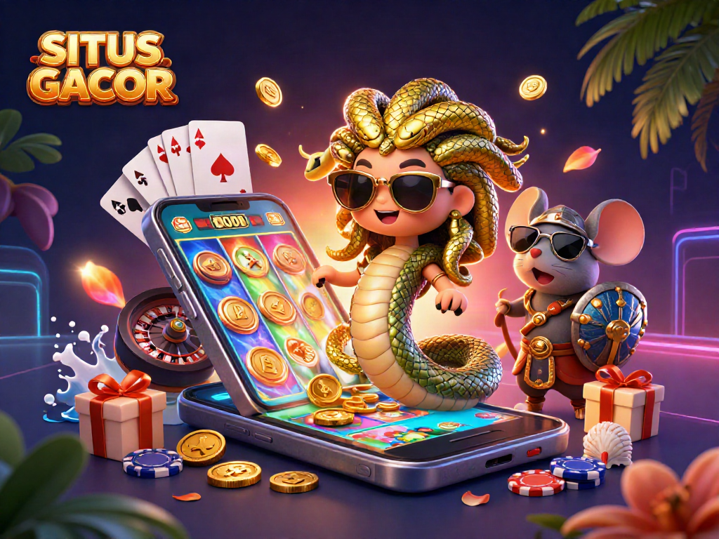Experience the vibrant world of SITUS GACOR with a lively casino scene featuring engaging characters and dynamic game elements.