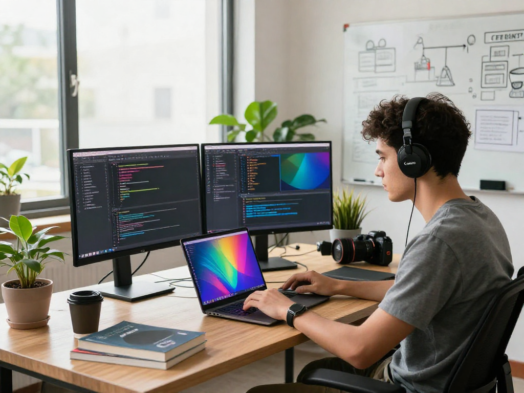 Pengembang bekerja dengan wifi4d di ruang kerja modern yang terang