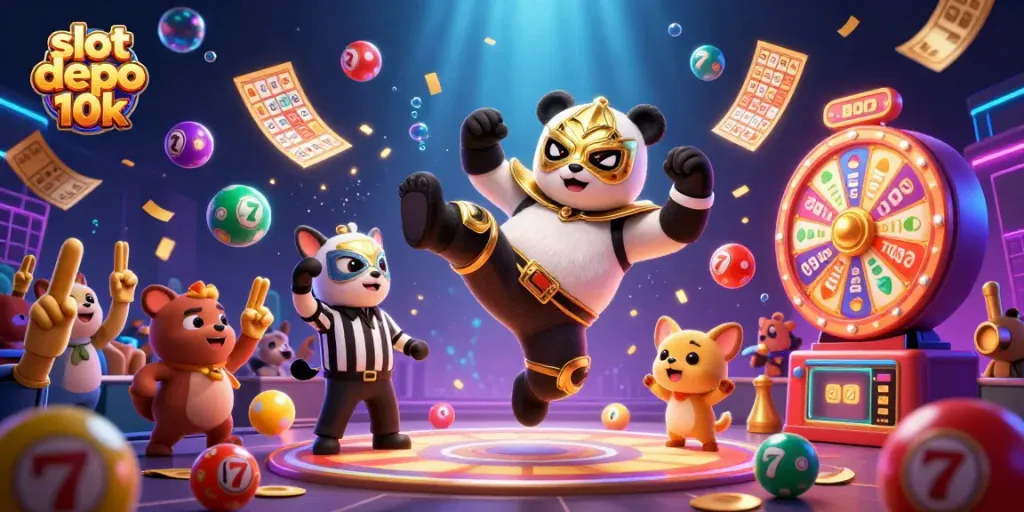 Experience the thrill of slot depo 10k with vibrant colors and dynamic gambling action in this illustration.