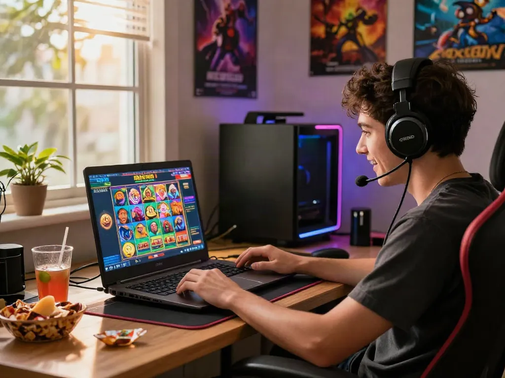 Engaged gamer playing slot gacor maxwin on laptop in a vibrant home office, with colorful game graphics and snacks.