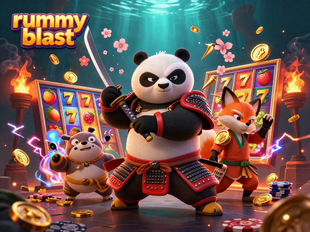 Experience thrilling rummy blast action in an exciting 3D gaming illustration featuring dynamic characters and gaming elements.
