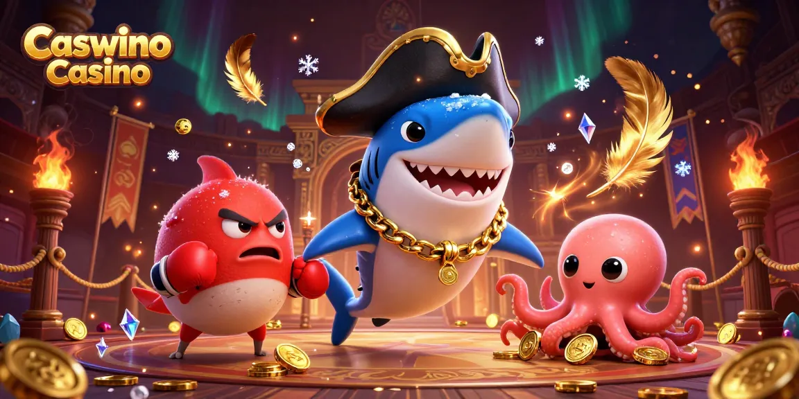 Engage in thrilling gameplay at Caswino Casino with a vibrant, dynamic scene featuring a fun pirate shark and colorful aquatic friends.