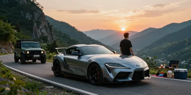 A80 platform showcasing a modified Toyota Supra parked on a scenic mountain road, offering a glimpse of automotive lifestyle.