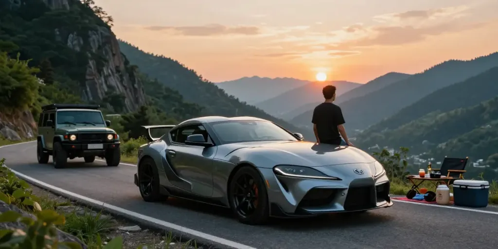 A80 platform showcasing a modified Toyota Supra parked on a scenic mountain road, offering a glimpse of automotive lifestyle.