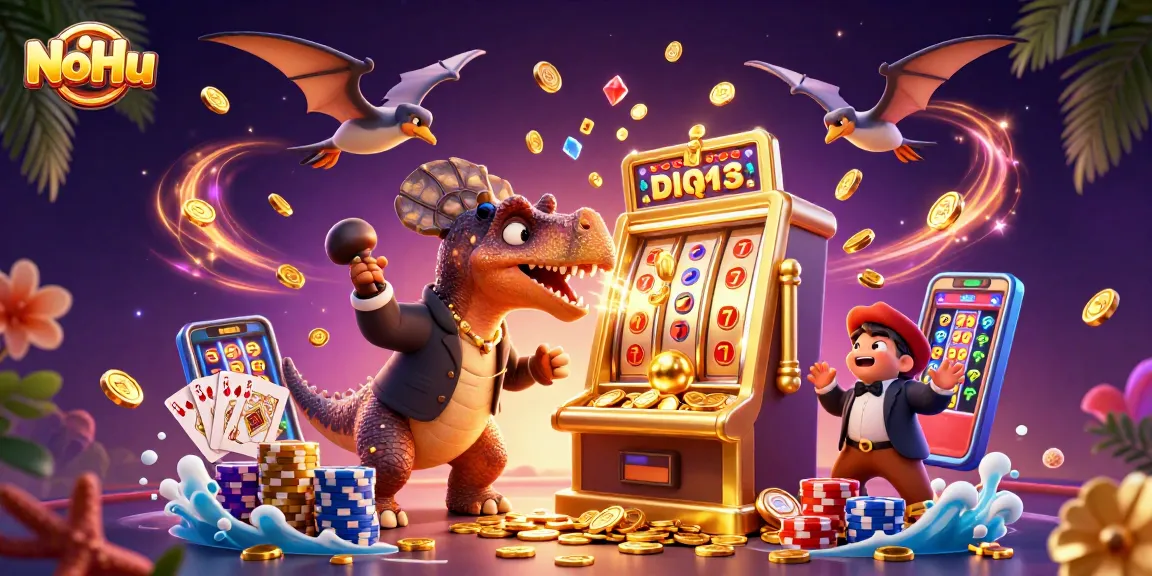 NoHu players striking jackpots with vibrant slot machines and scattering coins in this immersive casino illustration.