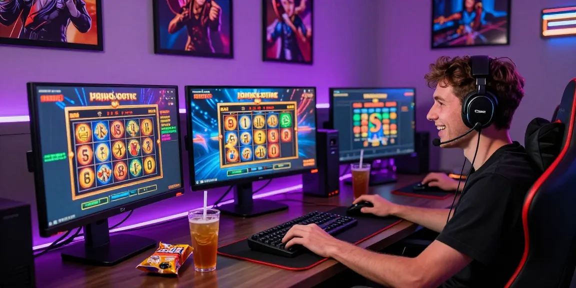 Momen bermain slot seru di kasino online dengan pemain bersemangat, layar menampilkan permainan jackpot besar.