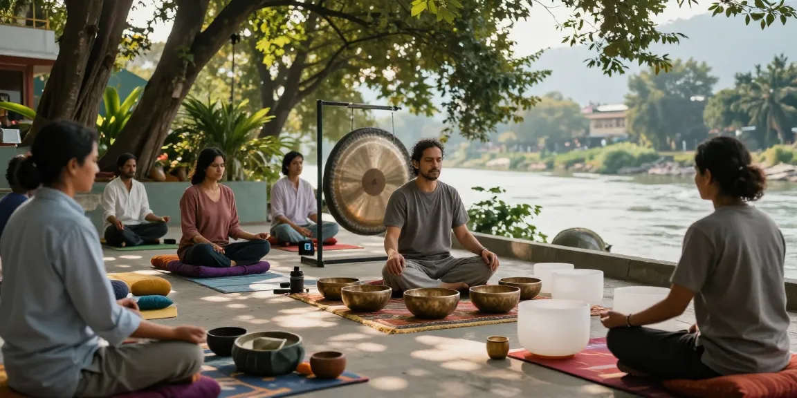 Sound healing course in Rishikesh India with participants meditating during a workshop.