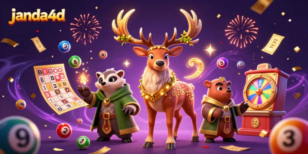 Janda4d merayakan kemenangan dengan ilustrasi karakter dadu dan bola lotere berwarna-warni.