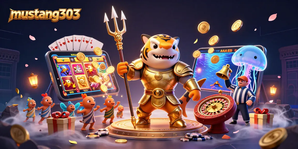 Win big with mustang303 in an exciting underwater casino showdown featuring a tiger shark and vibrant slot game elements.