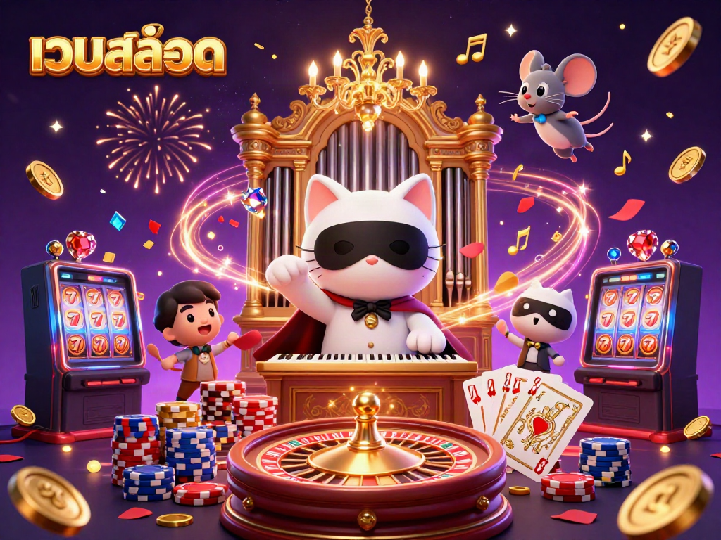 Engage in เว็บสล็อต gaming excitement with a whimsical casino scene featuring a masked cat and mouse acrobat.